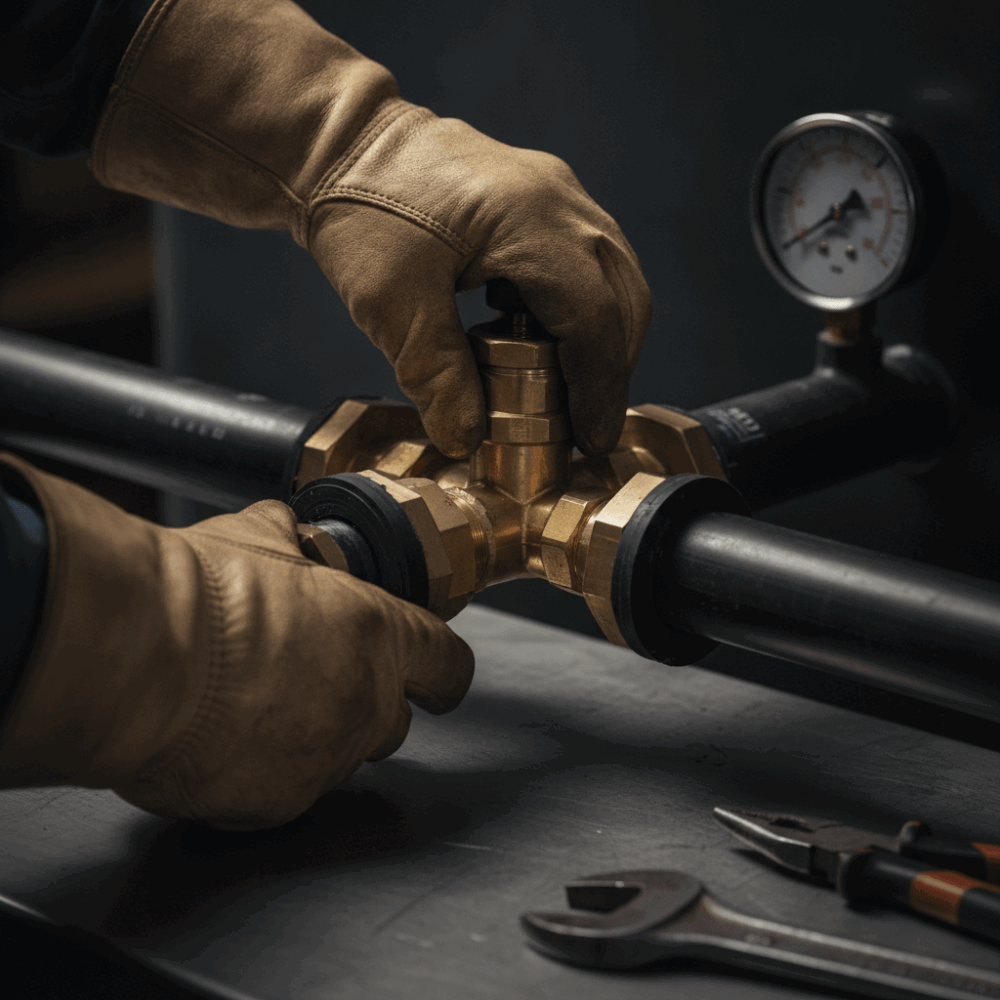 Détail du raccordement hydraulique d'une cuve agricole avec mains d'ouvrier installant les connecteurs et tuyaux