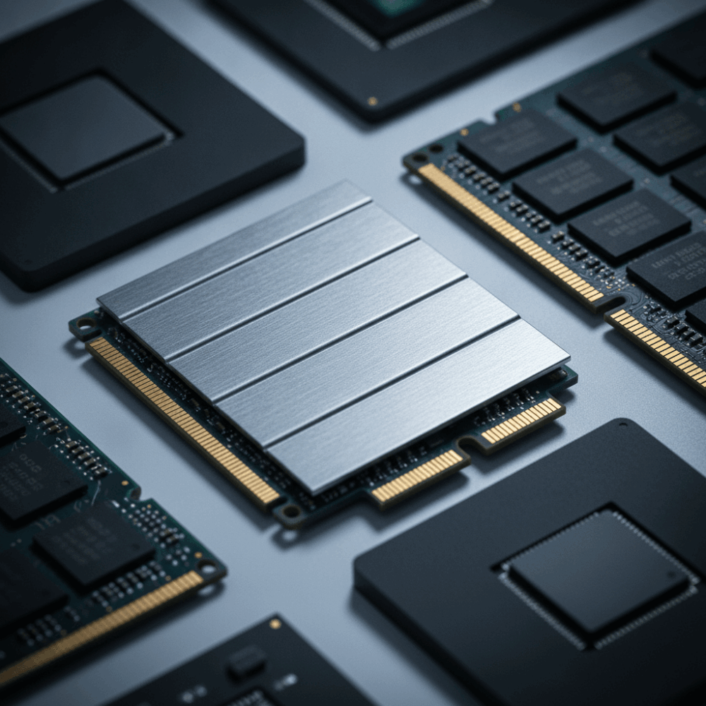 Composants matériels professionnels pour usage bureautique intensif : barrettes RAM et SSD NVMe sur fond technique
