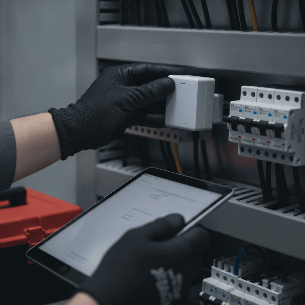 Technicien installant un capteur IoT blanc sur tableau électrique pour le monitoring énergétique d'un bâtiment tertiaire