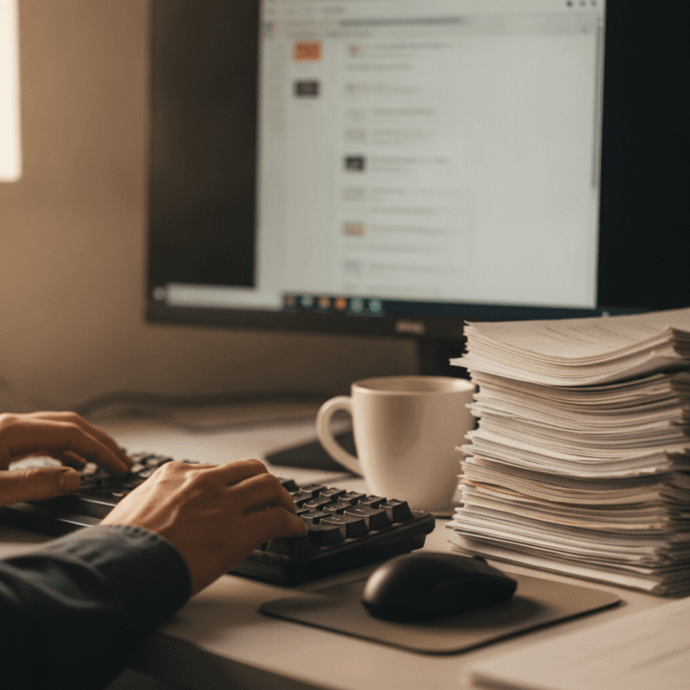 Gros plan sur les mains d'un collaborateur ADV validant une commande automatisée sur ordinateur avec documents papier à proximité