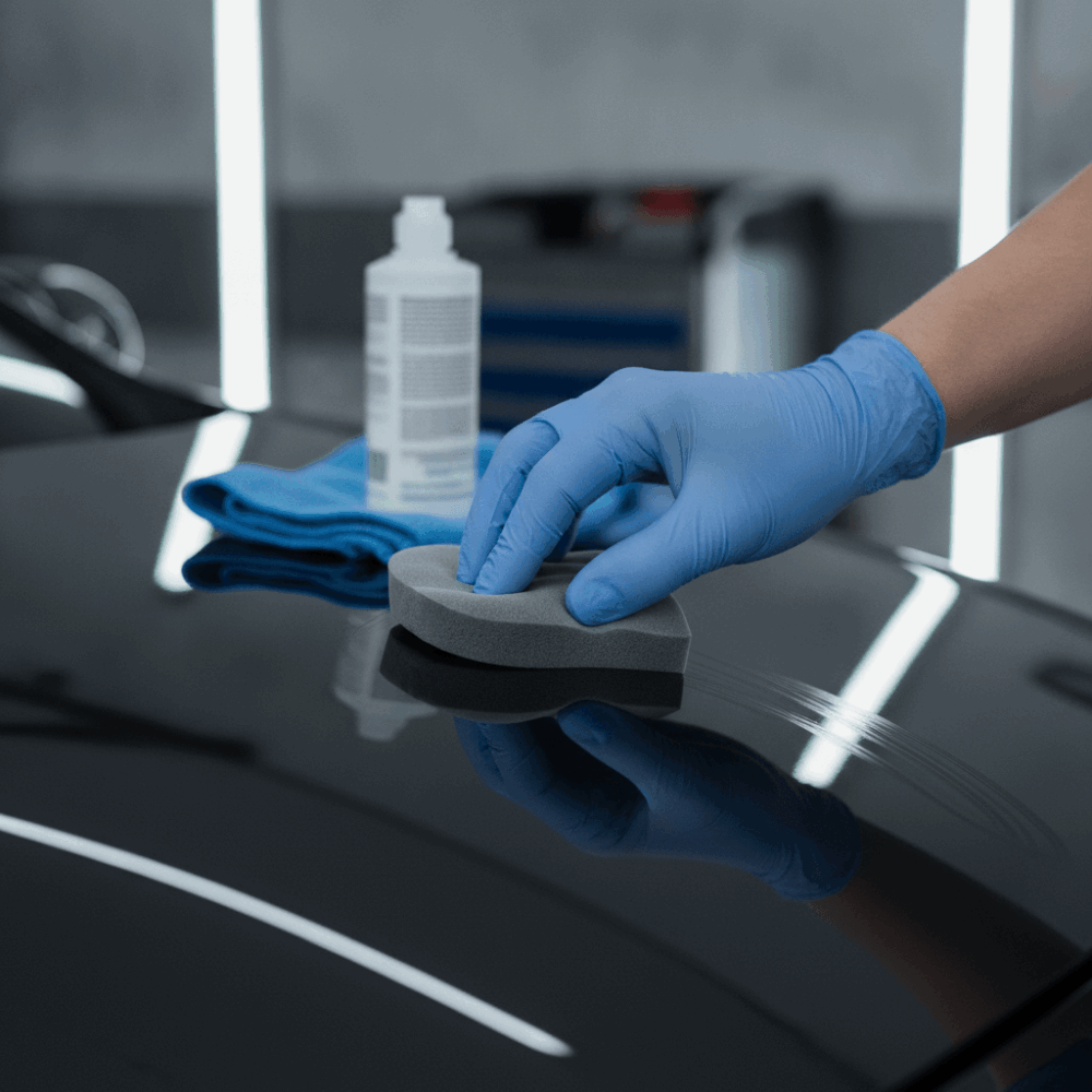 Application manuelle d'une protection céramique sur une carrosserie automobile en gros plan