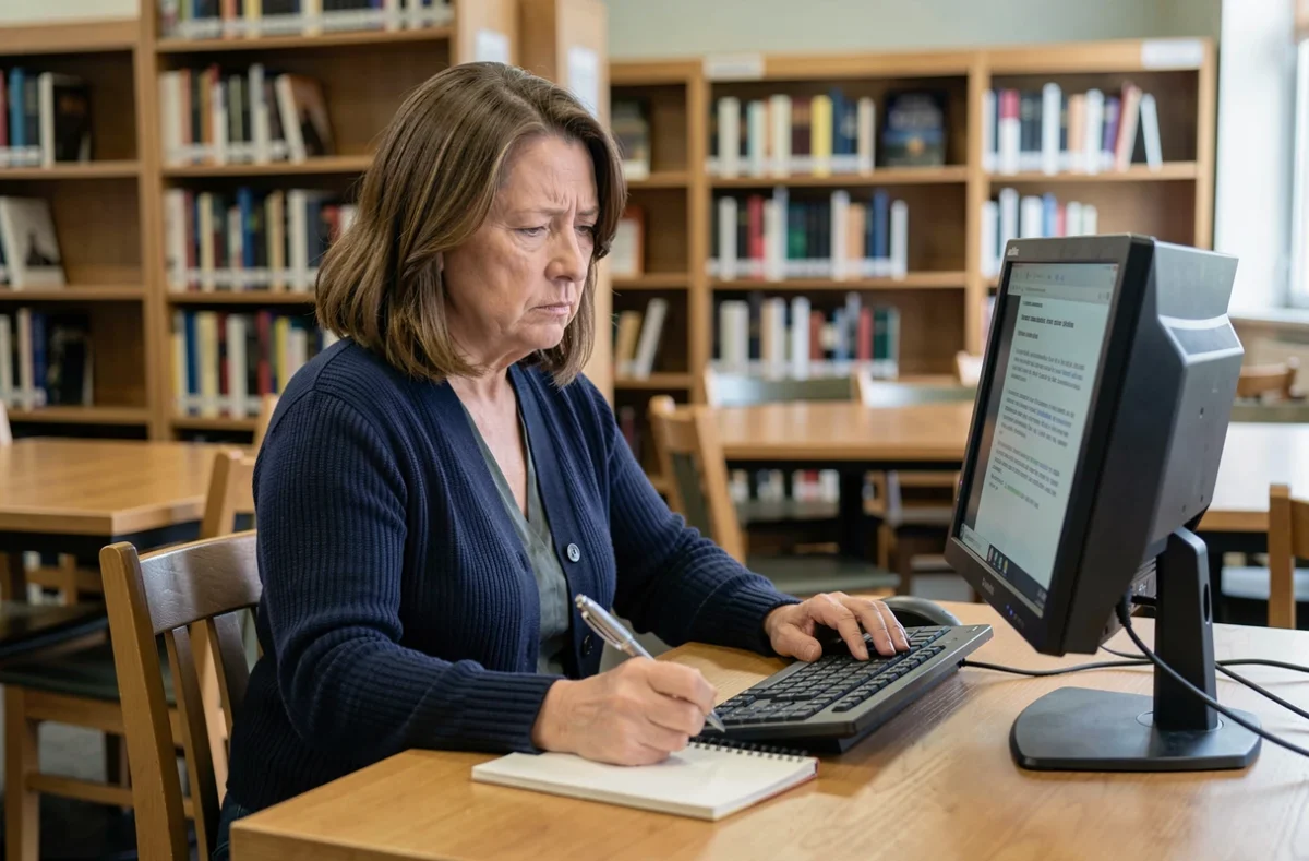 Femme tentant de récupérer l'accès à son espace personnel Convergence Grenoble depuis un ordinateur en bibliothèque