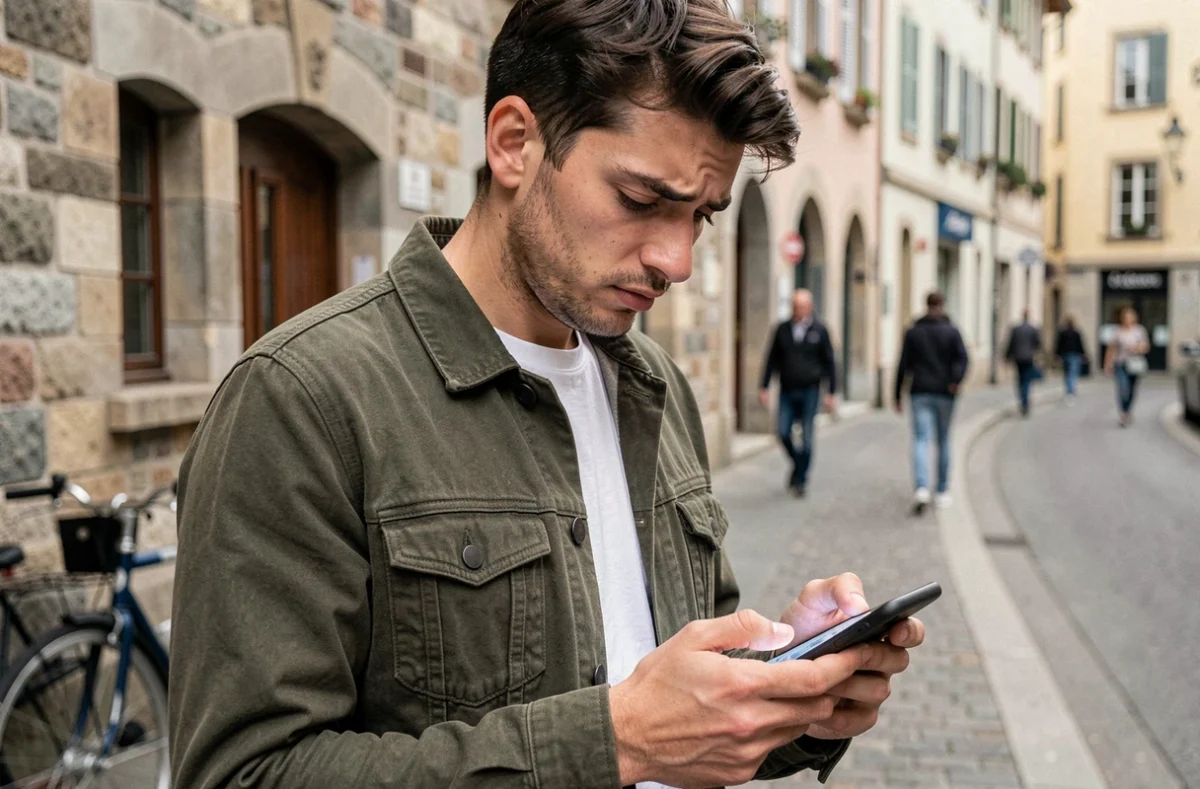 Jeune homme bloqué sur son application mobile Accès Convergence Grenoble dans une rue de la ville