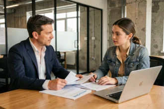 Conseiller économique accompagnant une jeune entrepreneur lors d'une réunion de démarrage dans un espace de coworking moderne
