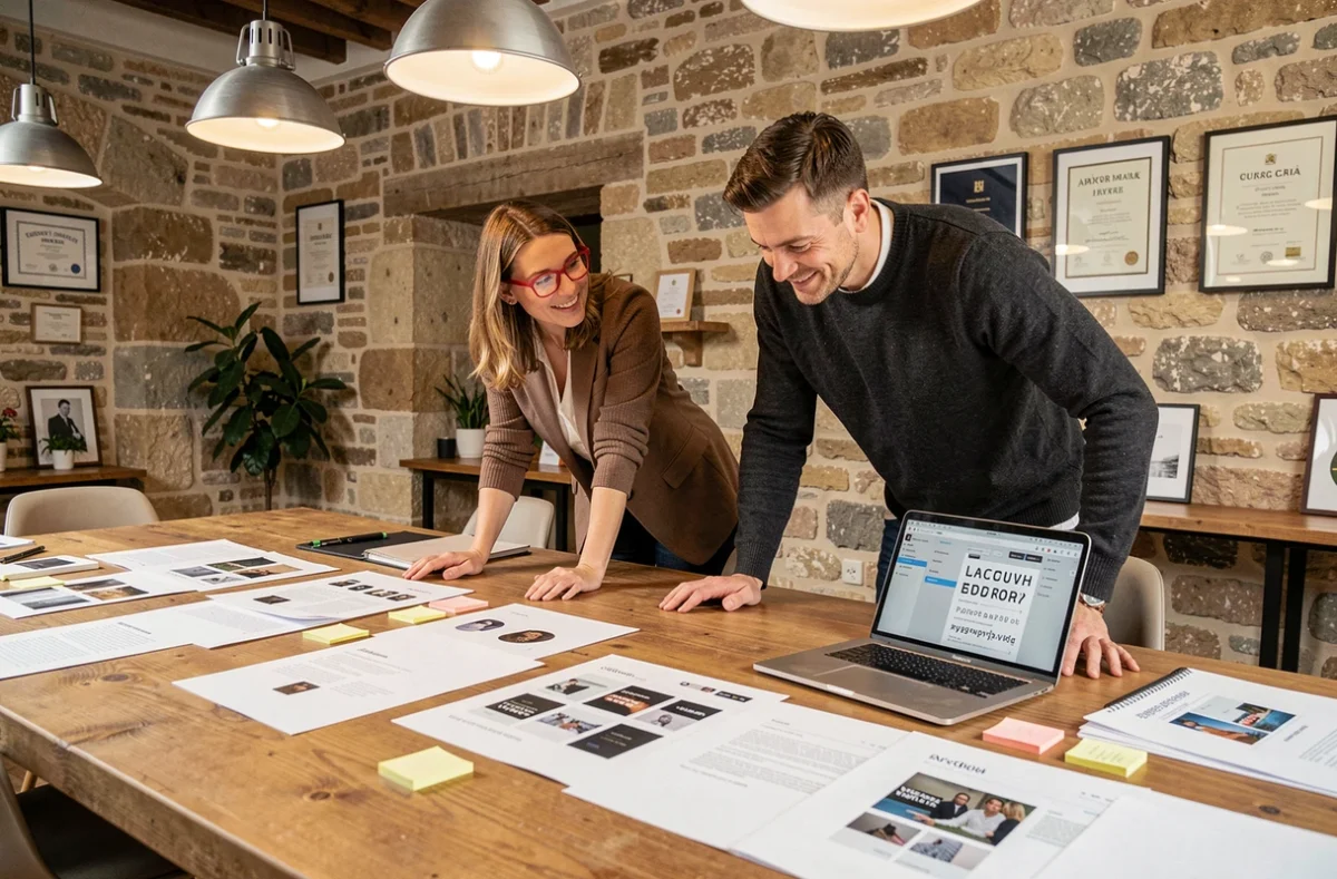 Deux collaborateurs de l'agence 16h33 révisant des épreuves de design web dans leurs locaux bordelais
