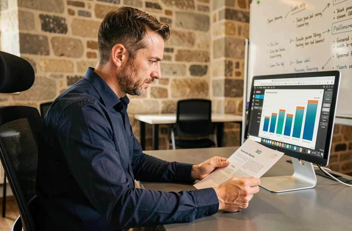 Consultant SEO de l'agence Cobalt en Auvergne analysant un rapport de référencement dans un bureau alliant pierre apparente et mobilier moderne