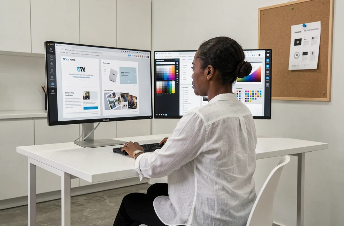 Graphiste de l'agence Definima travaillant sur une identité de marque et une palette de couleurs web