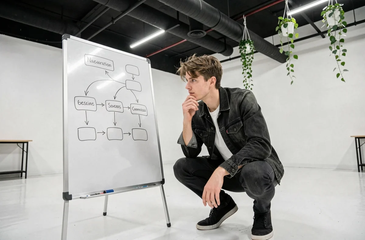 Développeur créatif de l'agence g.flo esquissant un diagramme de navigation web sur tableau blanc