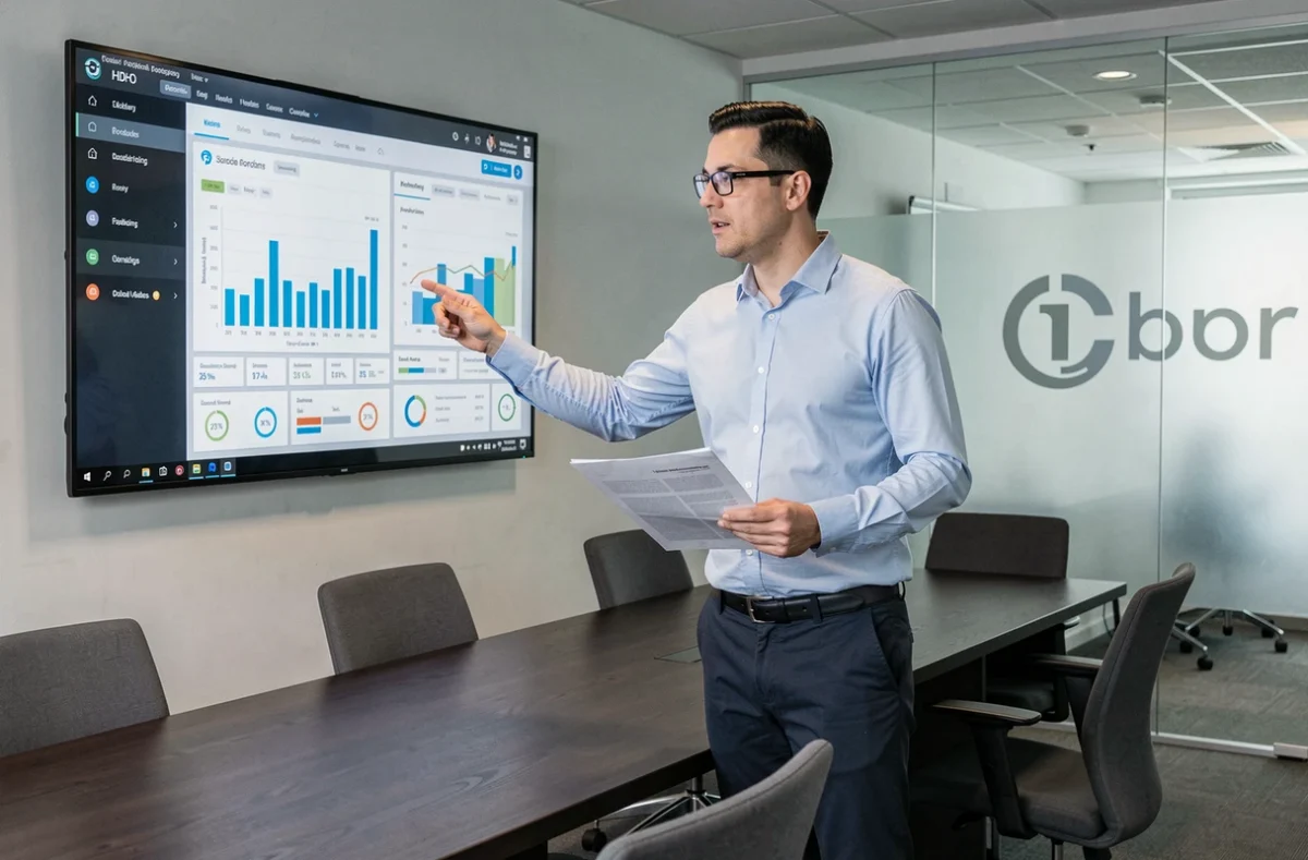 Consultant de l'agence Kwantic présentant un tableau de bord analytique pour un projet web