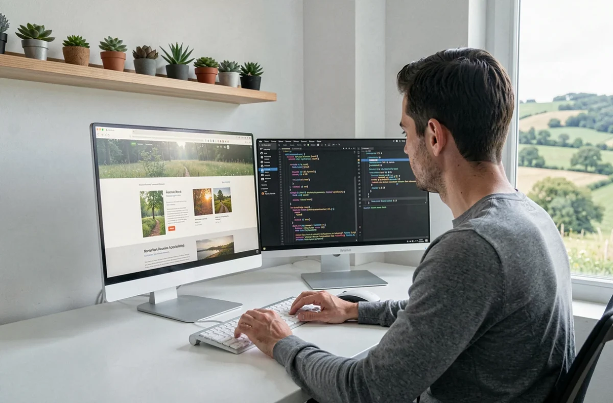 Développeur web de l'agence Natural-net travaillant sur un site internet à thème naturel