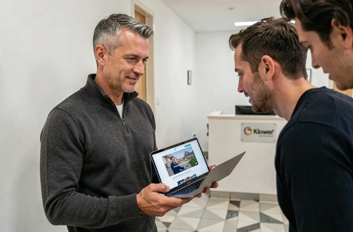 Consultant de l'agence NEWP présentant un site web nouvellement lancé à un collègue dans les couloirs de l'agence