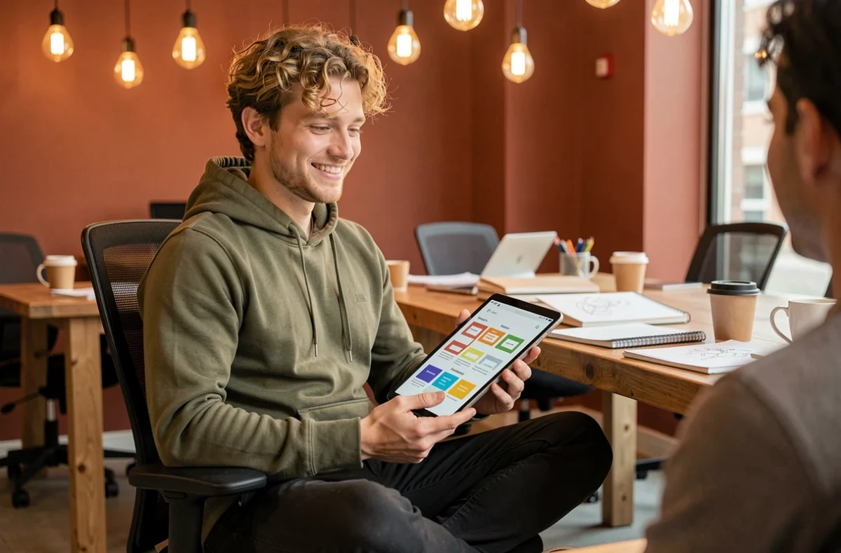Designer UX de l'agence Thrive présentant des wireframes sur tablette dans un espace de co-working