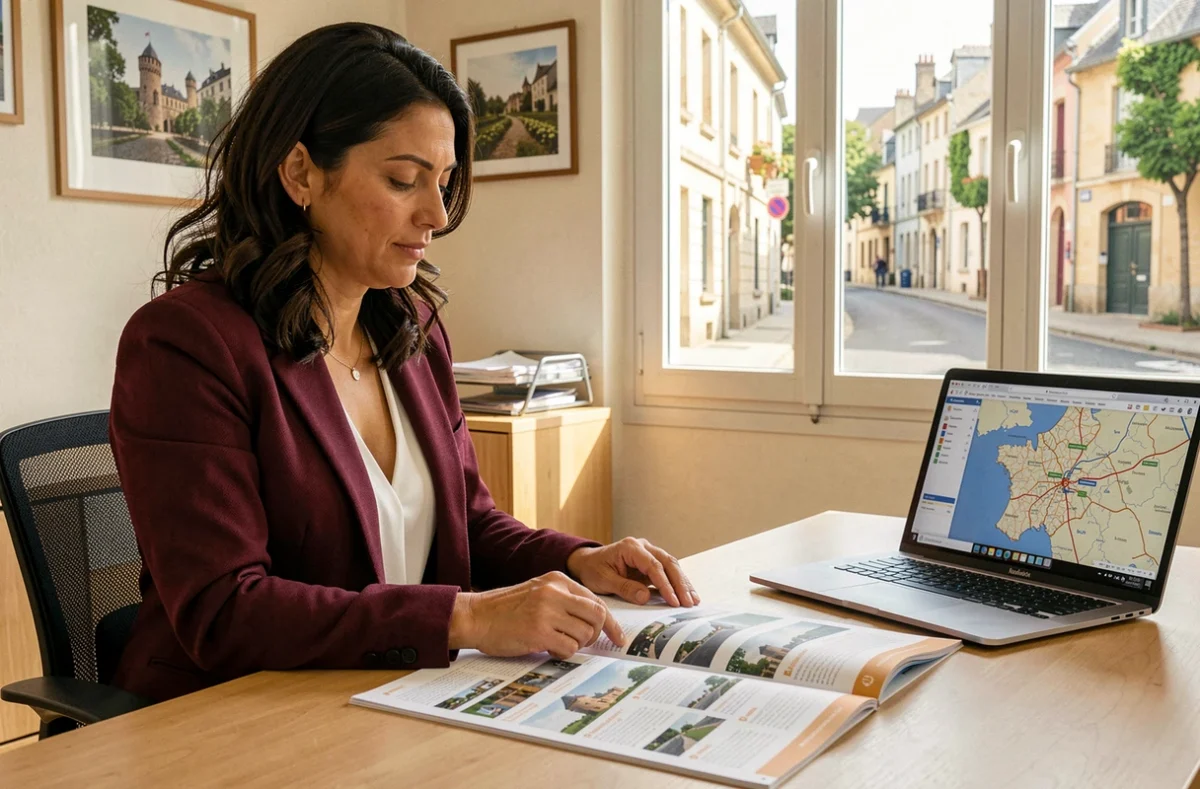 Experte web de l'agence Web Expert Nouvelle-Aquitaine présentant des études de cas de sites locaux dans son bureau régional