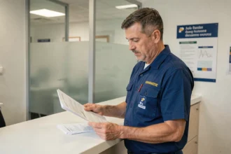 Agent administratif dans un bureau de service public à Flers-en-Escrebieux consultant des documents imprimés