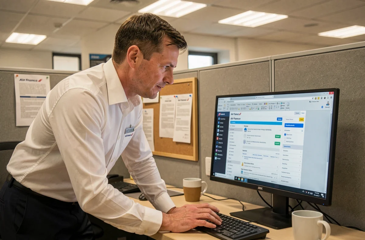 Agent Air France masculin en bureau individuel avec plusieurs onglets ouverts sur l'intranet Intralignes