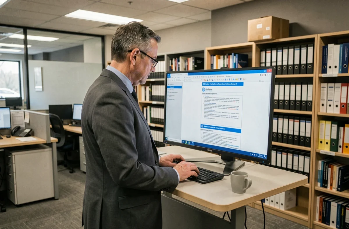 Agent courtier en assurance analysant des documents de conformité réglementaire sur grand écran dans une agence professionnelle