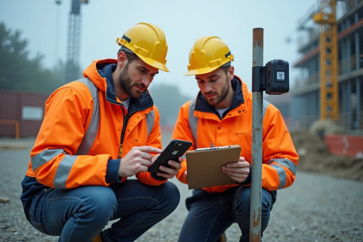 Deux agents terrain en veste haute visibilité consultant l'application de connexion Tool Time Login sur un smartphone lors du déploiement sur chantier