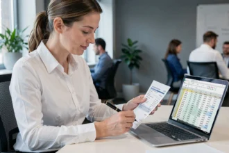 Femme professionnelle analysant un bulletin de salaire et des heures de travail mensuelles dans un bureau moderne