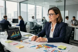 Femme cadre analysant des indicateurs économiques territoriaux sur un tableau de bord numérique en open space