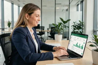 Femme professionnelle analysant les indicateurs WhatsApp Business sur un ordinateur portable dans un bureau moderne
