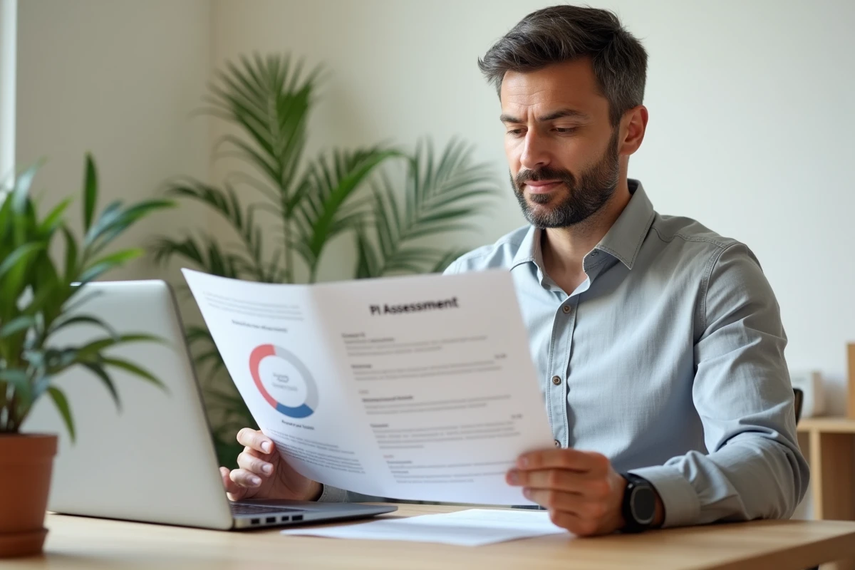 Professionnel analysant seul ses résultats de test PI Predictive Index sur son bureau avec un rapport imprimé et un ordinateur