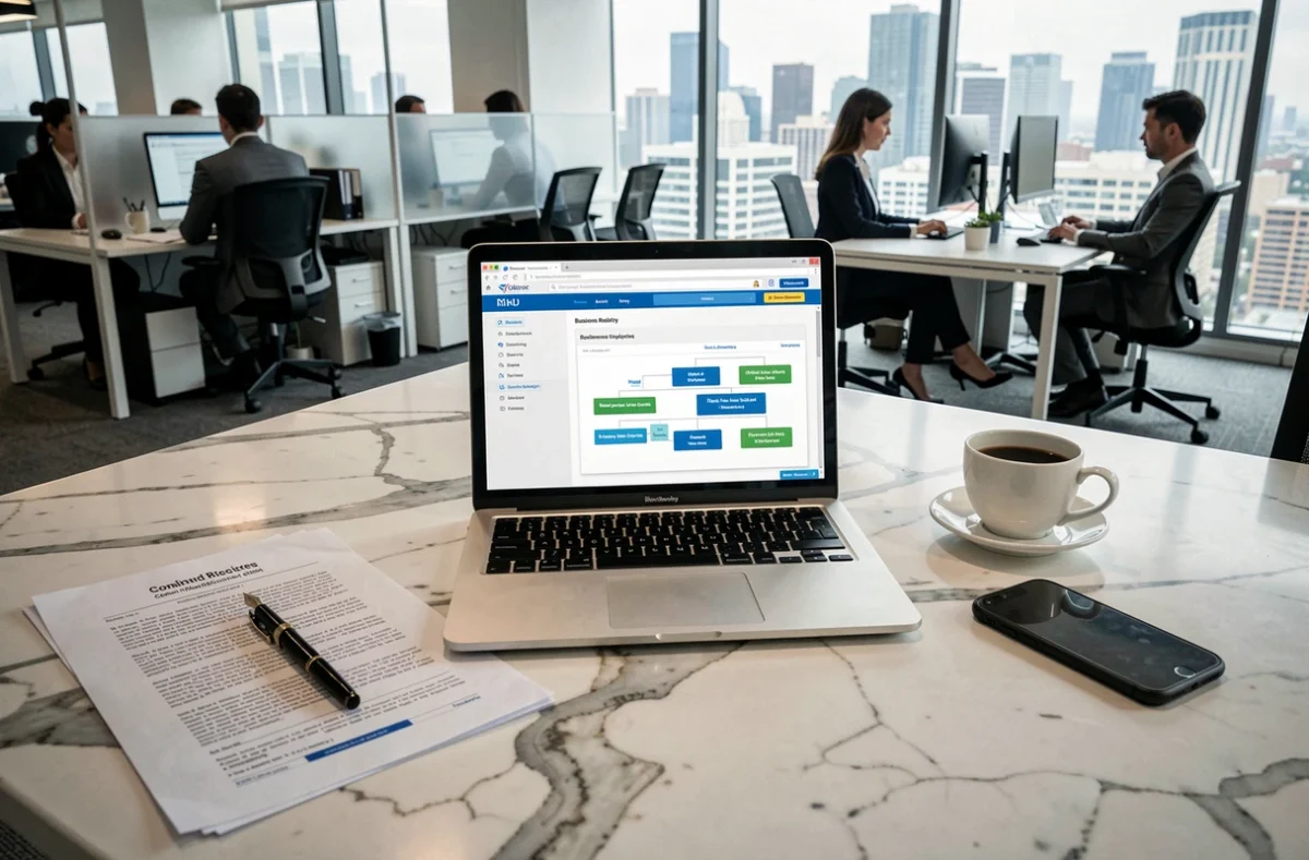 Bureau professionnel avec registre d'entreprises ouvert sur ordinateur portable, documents de sociétés holdings et organigrammes corporate