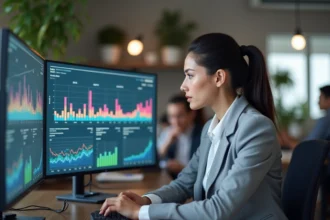 Analyste marketing féminine étudiant des tableaux de bord de publicité Pay Per Click sur plusieurs écrans dans un bureau moderne