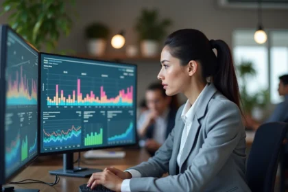 Analyste marketing féminine étudiant des tableaux de bord de publicité Pay Per Click sur plusieurs écrans dans un bureau moderne