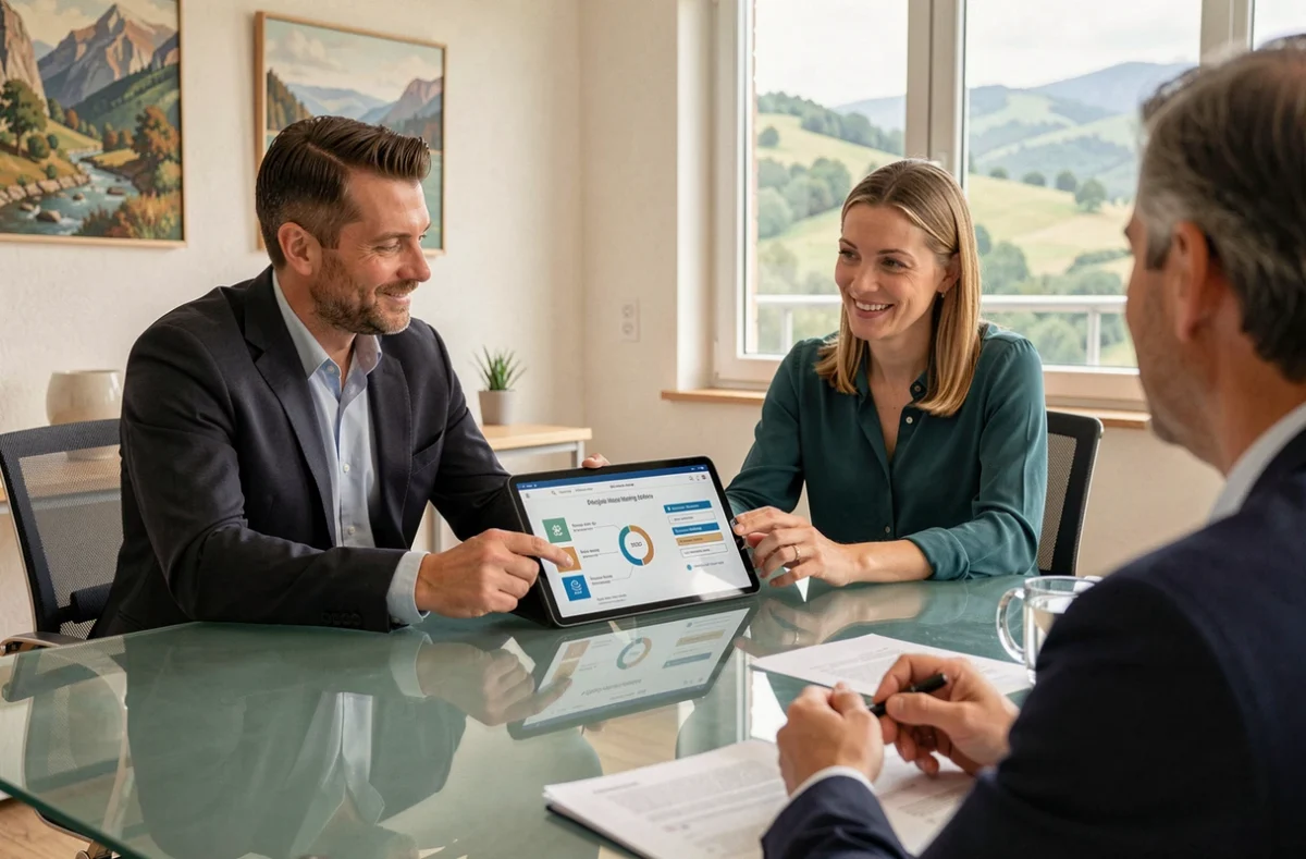 Consultants de l'agence Armadiyo présentant une stratégie SEO et marketing digital à un client dans un bureau d'Auvergne-Rhône-Alpes
