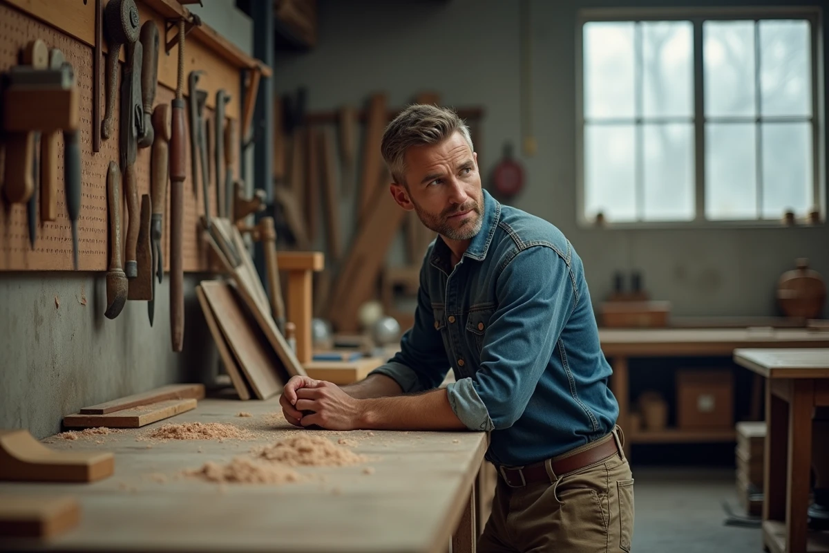 Artisan en pause dans son atelier de menuiserie, regardant au loin dans une posture de réflexion, évoquant les proverbes sur l'effort et le travail bien fait