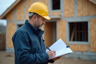 Artisan sur chantier de rénovation résidentielle consultant des plans de construction, casque de sécurité et veste de travail bleue, évaluation qualité Coanu