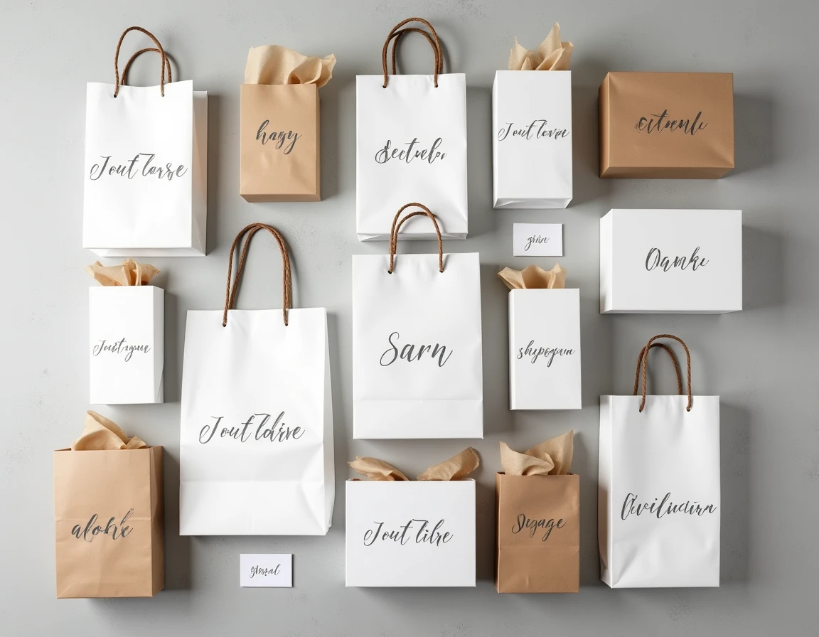 Assortiment de sacs papier personnalisés en petite quantité disposés en flat lay sur béton gris avec typographies variées