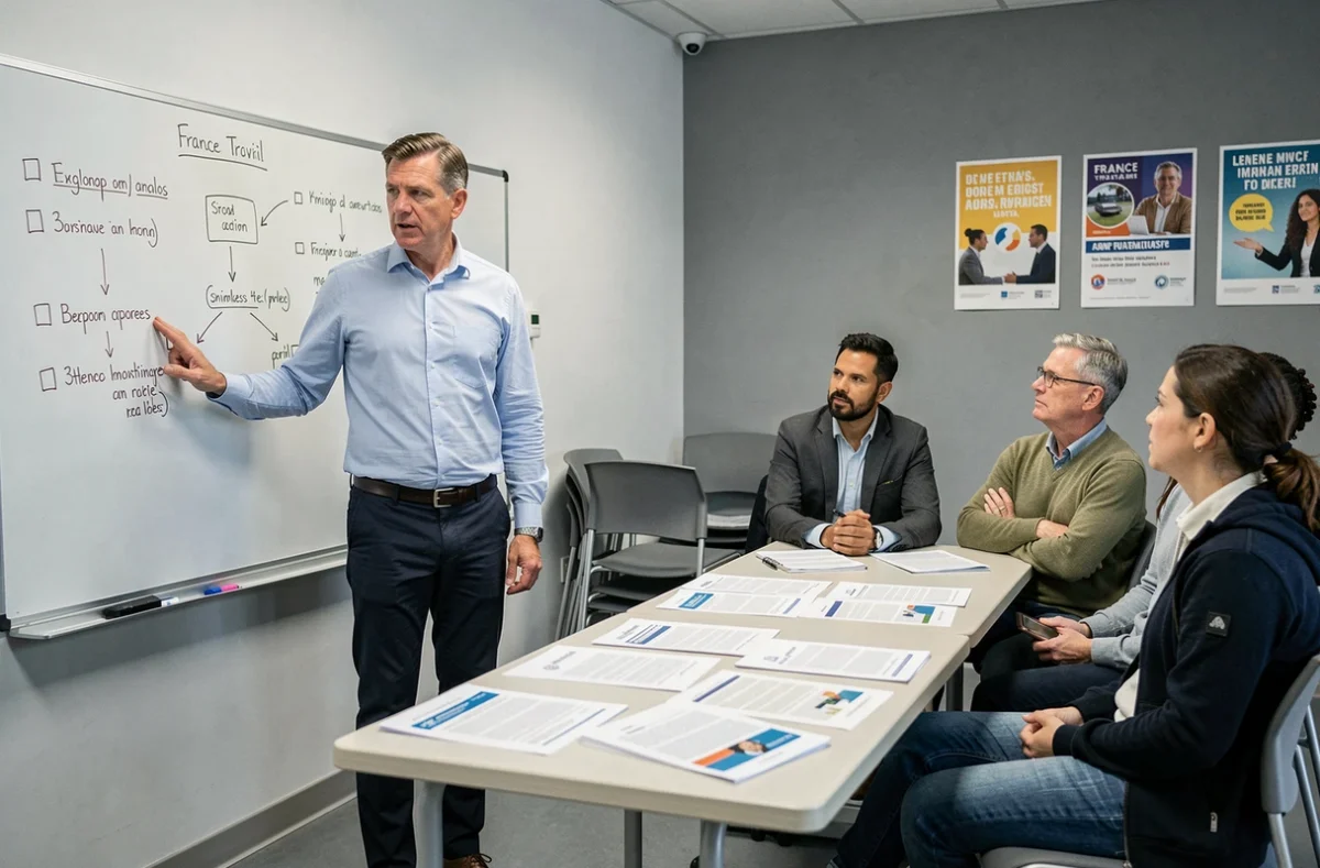 Conseiller France Travail animant un atelier collectif devant un tableau blanc avec un plan d'action étape par étape pour des demandeurs d'emploi