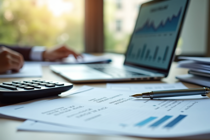 Bureau moderne avec documents et ordinateur financier