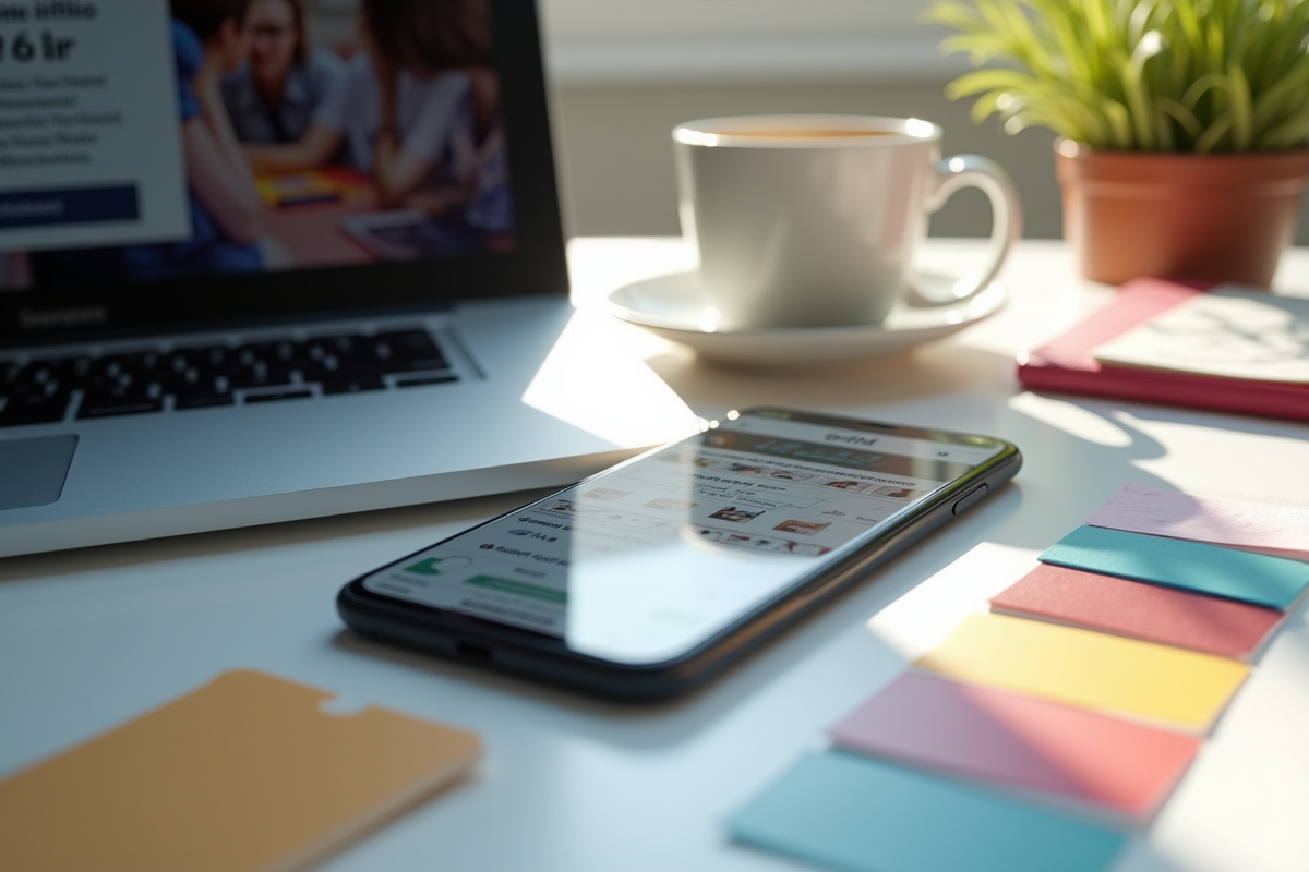 Bureau avec ordinateur smartphone notes et échantillons de couleurs marketing