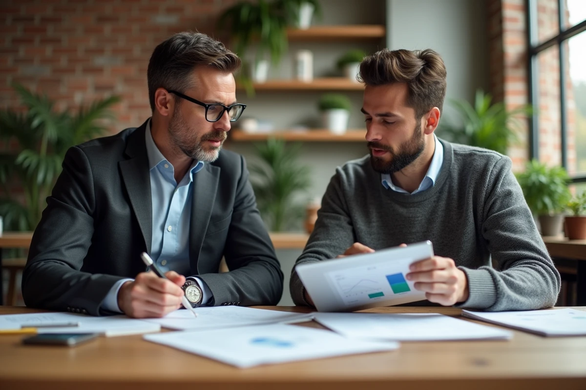 Business angels discutant d'un dossier de startup autour d'une table dans un espace de coworking