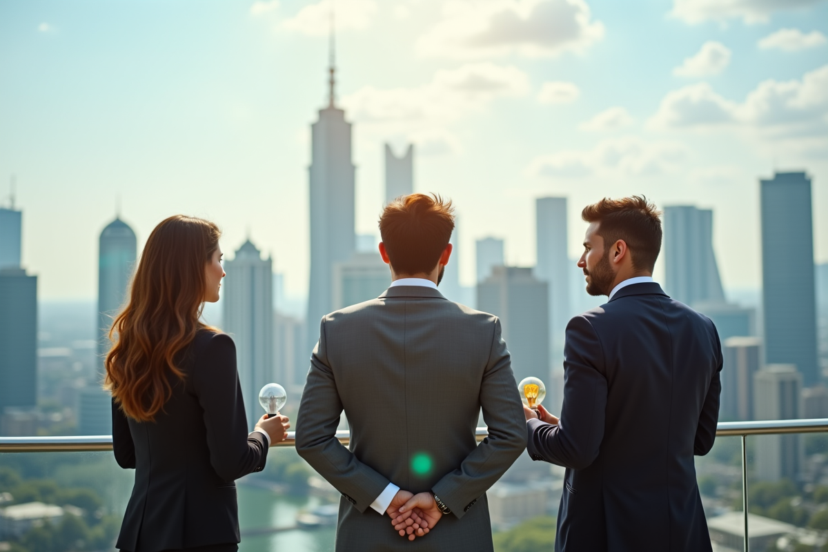 Trois professionnels devant la ville symbolisant innovation et teamwork