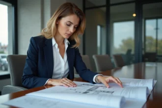 Femme d'affaires examinant des plans architecturaux dans un bureau moderne