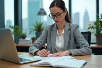 Femme calculant le nombre de jours travaillés par an dans un agenda de bureau avec un calendrier ouvert sur ordinateur portable