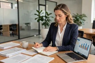 Femme analyste en blazer marine calculant le seuil de rentabilité d'une nouvelle offre B2B sur des feuilles de calcul imprimées dans un bureau moderne