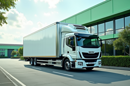 Camion électrique écologique près d un centre de distribution vert