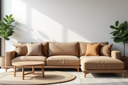 Canapé d'angle moderne en tissu taupe dans un salon contemporain décoré avec des coussins assortis et une table basse en bois