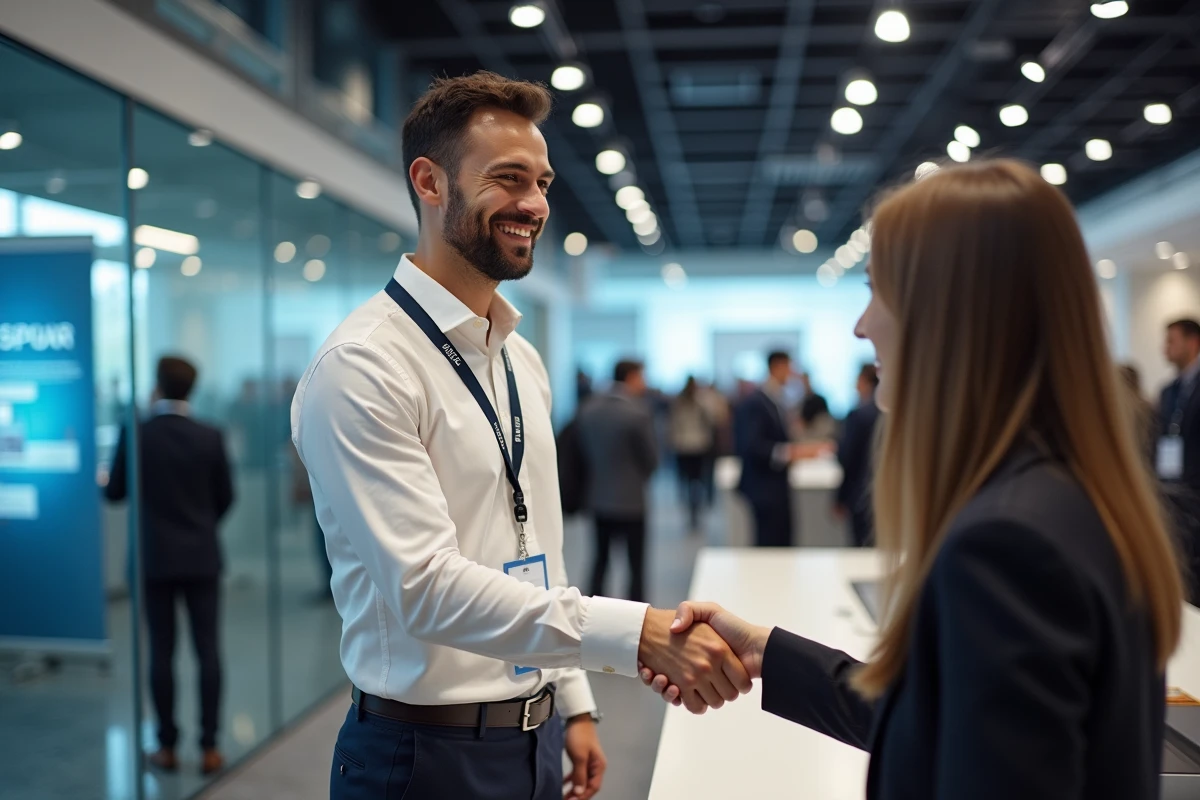 Candidat serrant la main d'un recruteur lors d'un salon de rencontres emploi pour décrocher un CDI