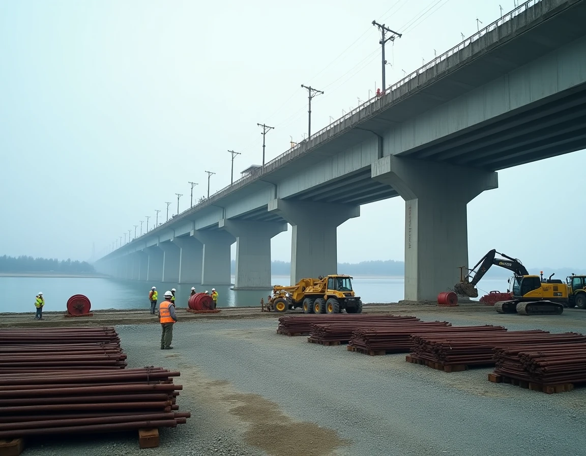 Chantier de construction d'un grand pont sur une rivière avec pylônes en béton, grues et ouvriers en gilets fluorescents illustrant l'envergure des projets Munilla
