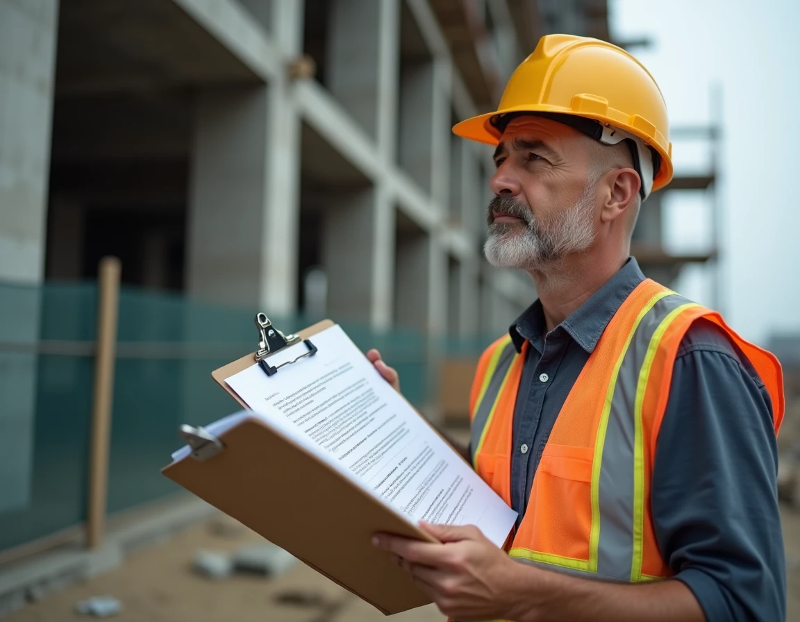 Chef de chantier consultant des documents de révision contractuelle basée sur l'indice TP08 sur un site de construction