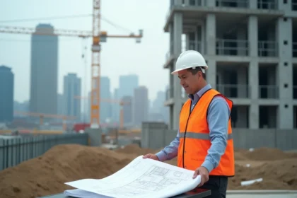 Chef de chantier Munilla Construction examinant des plans architecturaux sur un grand chantier urbain avec grues et structure métallique en arrière-plan