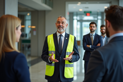 Homme d'affaires en gilet de sécurité parle à une équipe