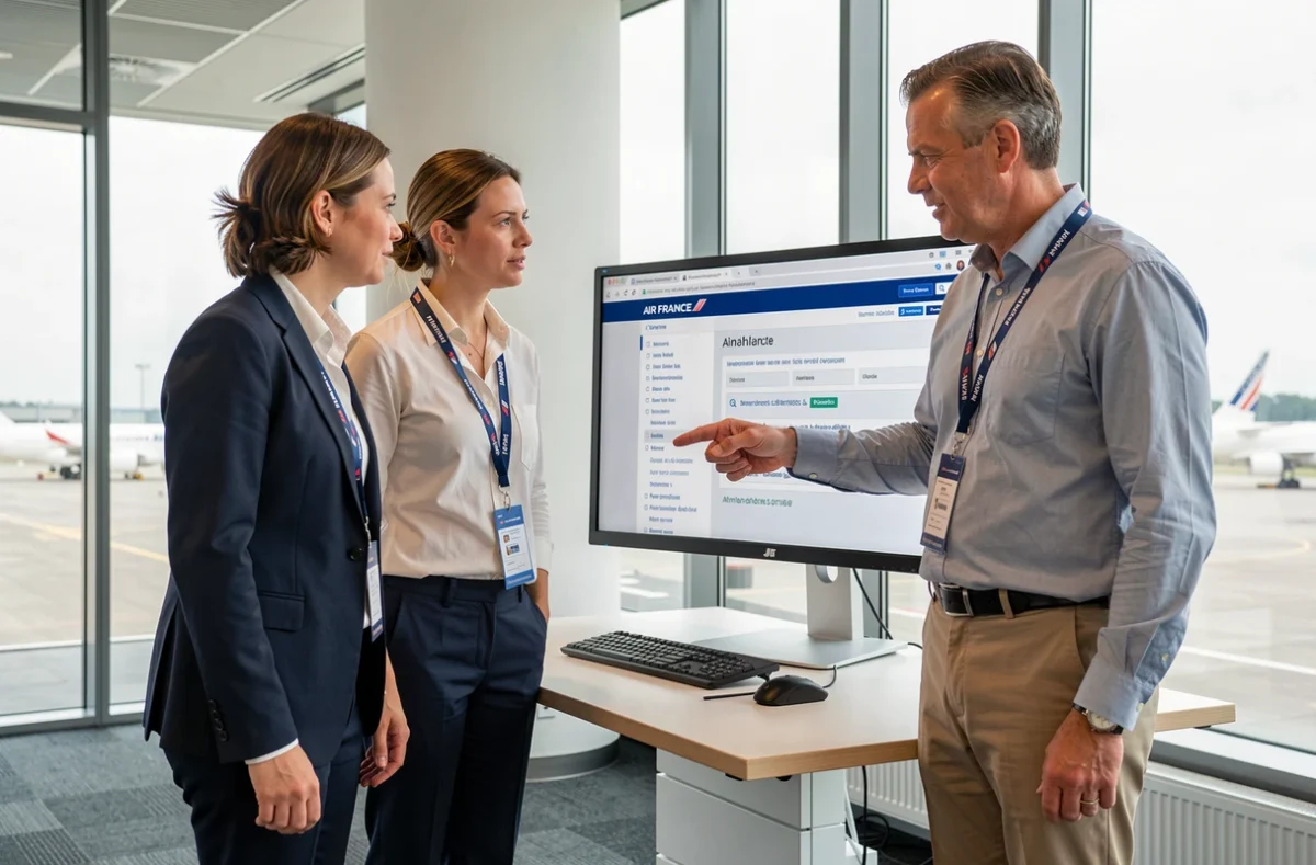 Deux collègues Air France discutant devant l'intranet Intralignes dans un bureau avec vue sur le tarmac
