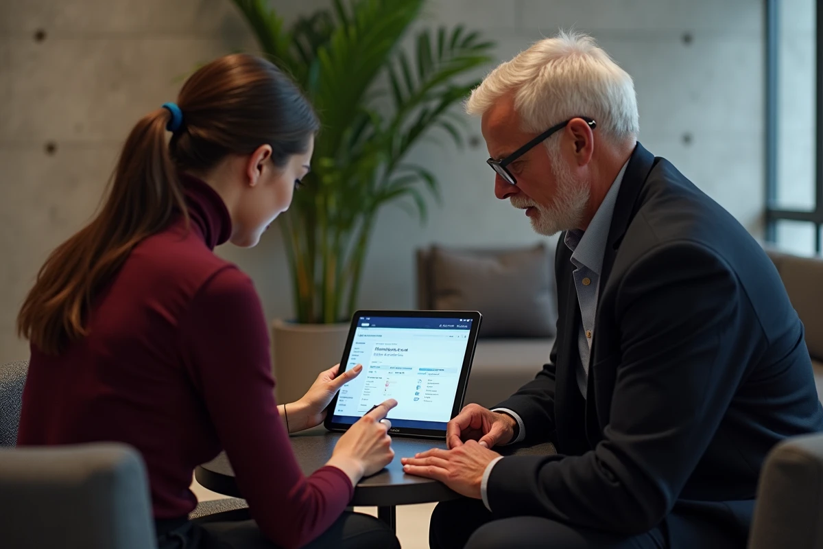 Deux collègues consultant ensemble un tableau de bord intranet Inetum sur tablette pour retrouver rapidement leurs applications métier