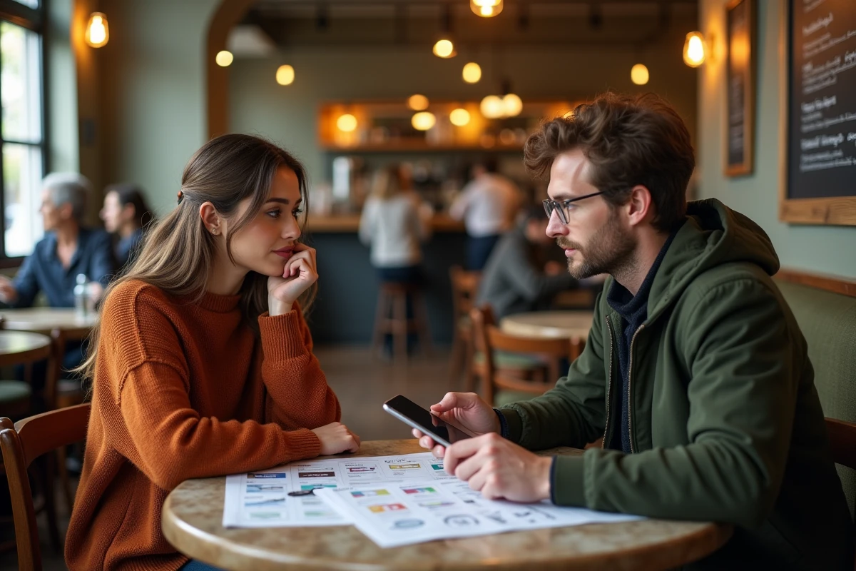 Deux collègues discutant des différences entre annuaires classiques et listes de marques numériques dans un café